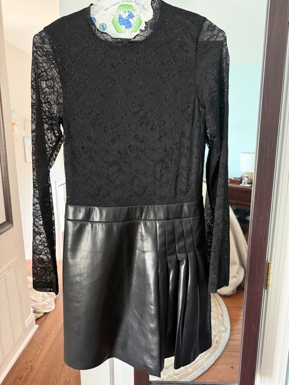 Alice + Olivia Black Lace Top Faux Leather Skirt Mini Dress